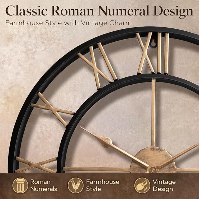 Pytha Sight 30 Inch Large Wall Clocks for Living Room, Farmhouse Roman Numeral Metal Wall Clock, Silent Non-Ticking Oversized Decorative Wall Clock for Fireplace, Dining Room, Office Decor