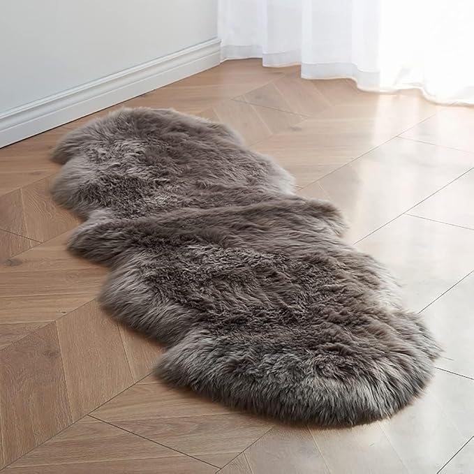 HUAHOO Premium Genuine Sheepskin Rug Camel Real Australia Sheepskin Natural Lambskin Fur Area Rug Seat Covers for Kids Bedroom Sofa Chair Cover Pets Dogs Mat Double Pelt/2' x 6' Mushroom