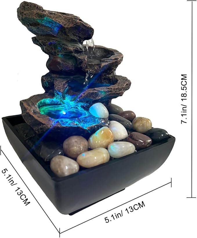 Tabletop Fountain Indoor Waterfall Rock Fountain, Meditation Fountain with Color LED Light, Waterfall Feature for Home Office Decor