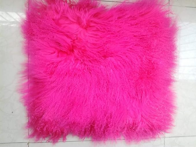16 x 16in 100% Real Mongolian Lamb Fur Throw Pillow Cover Fur Decorative Cushion Cover Pillow Case for Living Room Bedroom,Rose Red