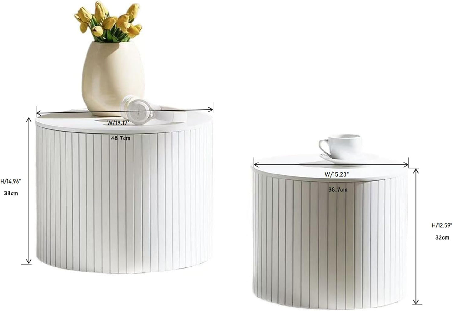 Round Coffee Table with Storage,19.17" Nesting Coffee Table Set of 2,Mid Century Modern End Table for Living Room,Side Table for Apartment,Office,Dorm(White)