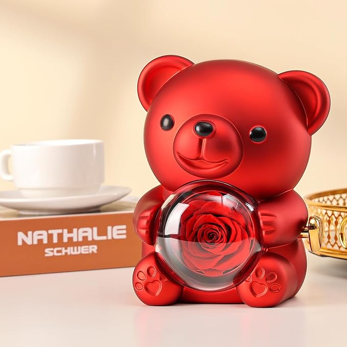 Cute Teddy Bear with Preserved Rose - A Real Rose Flower in Bear with Elegant Gift Box - Romantic Gift for Her in Mother's Day, Weddings, Anniversaries, and Bridal Showers (Red)