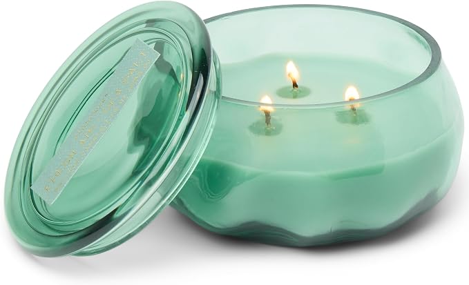 Paddywax Basalt Collection Scented Candle, Soy Wax Blend Glass Jar with Lid, Reusable Home Décor Candle, 10 oz, Turquoise Vessel, Fresh Air and Sea Salt