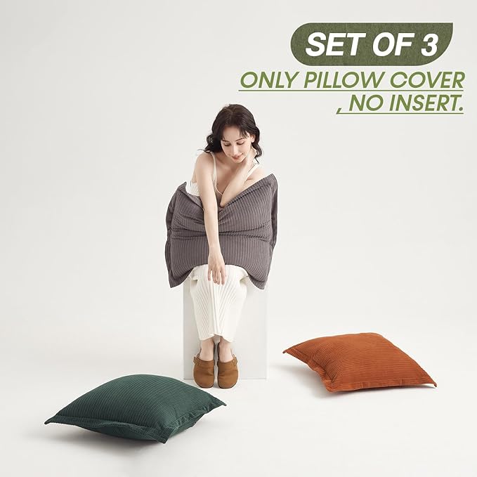 COCO TOP Pack of 3 Neutral Boho Decorative Throw Pillow Covers 20x20inch, Super Soft Textured Corduroy Pillow Covers Apartment Boho Room Decor for Couch Sofa Living Room Loung（Grey，Dark Green & Rust）