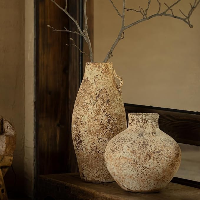 Ceramic Rustic Farmhouse Vase,Extra Large Terra Cotta Vase, Huge Pottery Decorative Flower Vases for Living Room Entryway Table Centerpiece Decor(8.7'' X 9.5'' x 9.5'')