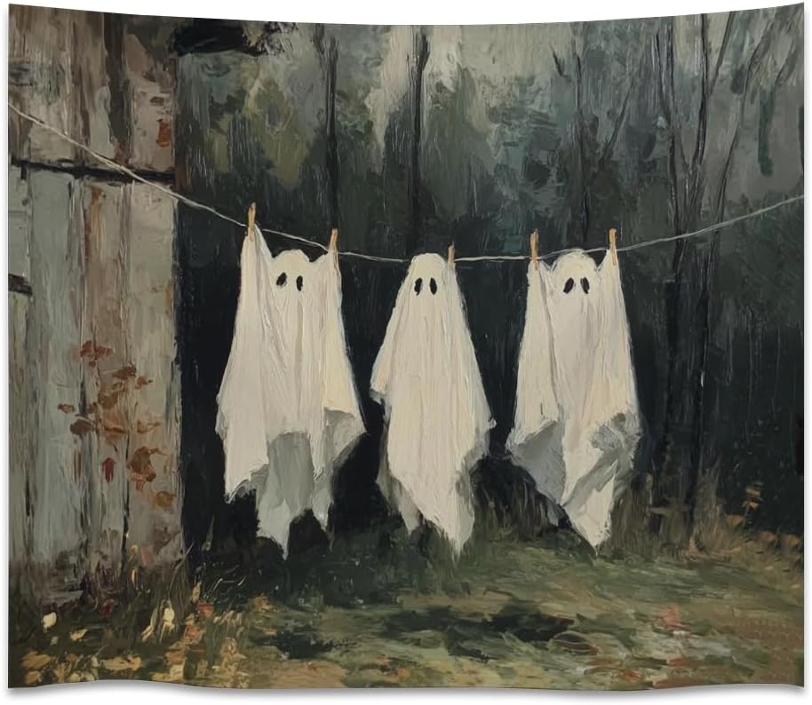 Vintage Halloween Tapestry Funny Ghosts on Clothesline Tapestry Wall Hanging Farmhouse Gothic Room Decor Spooky Ghost Prints for Dark Academia Halloween Party House Decoration Tapestries 70x90inch