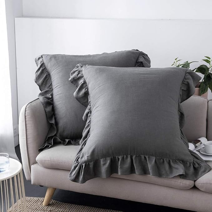 MEADOW PARK Stone Washed French Linen European Pillow Shams, Set of 2 Pieces, 26 inches x 26 inches Square Euro Sham, Super Soft, Ruffles Style, Charcoal Color