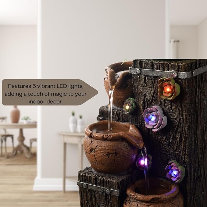MAOCHI Tabletop Water Fountain, Woodgrain Succulent Growing Fountain with 5 LED Color Changing Lights, Meditation Desk Water Decorative Home Decor, Office Decor or House Warming Gifts new Home