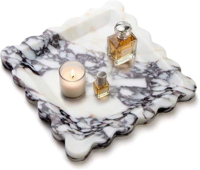 SAMAH Calacatta Viola Natural Marble Tray, Scalloped Bathroom Tray, Luxury Decorative Trays for Bathroom, Vanity, Dresser, Kitchen & Home Decor, Housewarming Gifts New Home (Square)