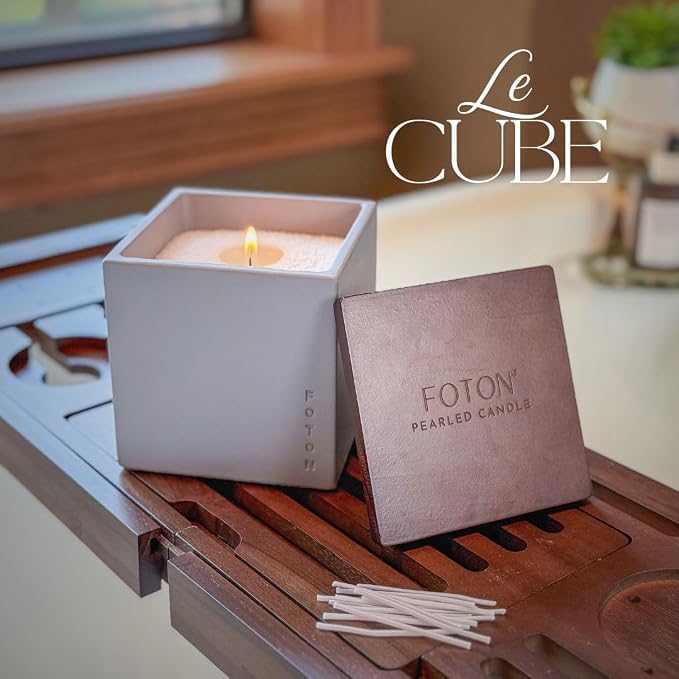 Foton Pearled Candle Multipack Le Cube Concrete Vase Set (2 x 16 Oz) - Vanilla Vibe Scented - Refillable Jar Scented Candle Sand with 15 Wicks Each - Natural Non-Toxic Decorative Candles for Home