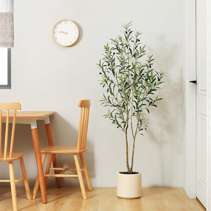 LOMANTO Artificial Olive Trees, 5 ft Tall Fake Olive Trees for Indoor | Faux Olive Silk Tree with White Planter,Large Olive Plants for Home Decor and Housewarming Gift, 1 Pack