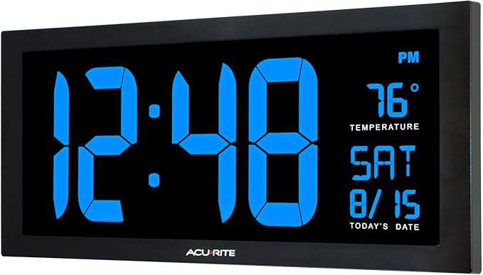 AcuRite 76100M Oversized LED Clock with Indoor Temperature, Date and Fold-Out Stand 18-Inch, Blue