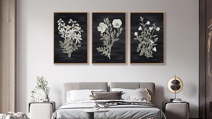 Large Botanical Wall Art for Living Room Natural Wood Float Framed Art Set of 3 Flowers Pictures Artwork Green Leaf Canvas Prints for Bedroom Kitchen Home Office Wall Decor 16"X24"X3