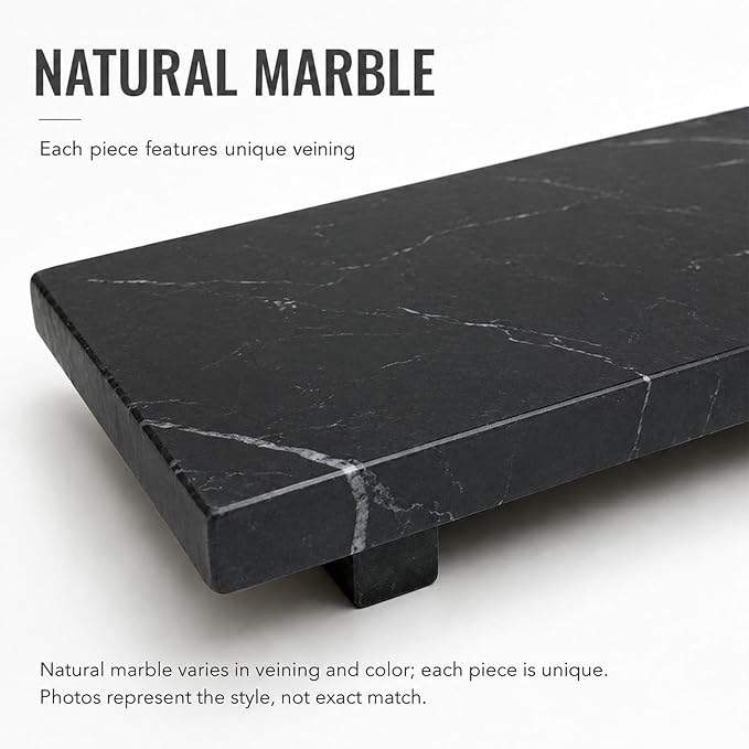 Small Black Marble Soap Dispenser Pedestal Tray 9.84 in | Stone Pedestal Tray for Bathroom Counter, Vanity Riser for Perfume, Jewelry, Candles and Dresser Decor