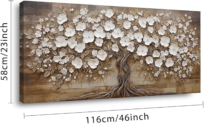 Ggaafet Retro Tree Wall Art for Living Room Canvas Oil Painting Prints Beautiful White FLower Floral Blooming Art Deco Rustic Artwork Office Bedroom Farmhouse Dining Room Decor Large