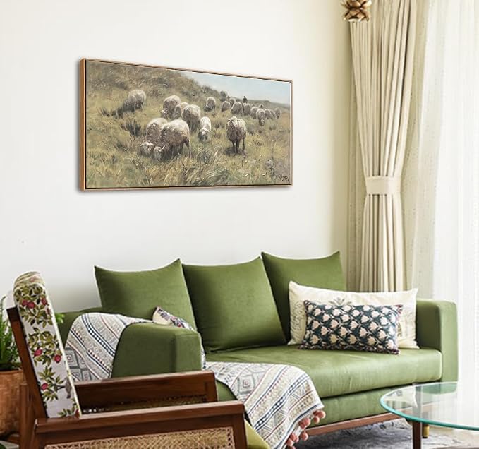 DJSYLIFE Farmhouse Sheep Framed Wall Art, Countryside Landscape | 20x40 Inch Canvas Print, Shepherd & Flock on Dunes, Ready to Hang, Pastoral Scene, Above Sofa for Living Room