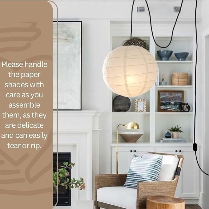 Nogy Japanese Style Lantern Pendant Light - Off White Round Handmade Rice Paper Lamp Shade with Cord Kit (Plug in (15ft), 29.5 in)