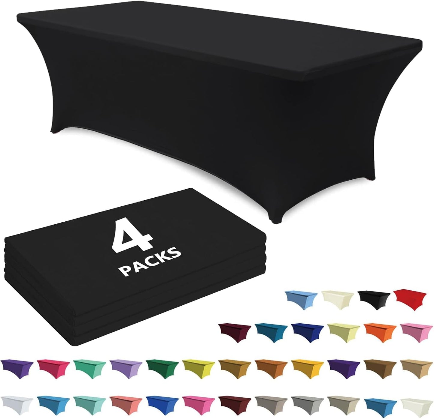 ABCCANOPY 4 Pack 6 FT Black Spandex Table Cover Stretch Fitted Wrinkle Resistant Tablecloth Reuse for Rectangular Folding Table Patry Event Wedding Banquet Protector