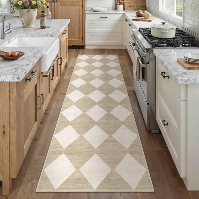 PureCozy Checkered 2x8 Runner Rug for Hallways Beige Washable Long Carpet Non-Slip Low Pile Modern Soft Indoor Accent Throw Rugs for Entrance Kitchen Bedroom Dining Laundry