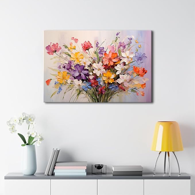 Floral Botanical Wall Art Wildflowers Bouquet Wall Decor for Bathroom Colorful Daisy Poppy Oil Painting Style Canvas Print Aesthetic Flower Picture Blossom Plants Artwork Bedroom Home Decoration