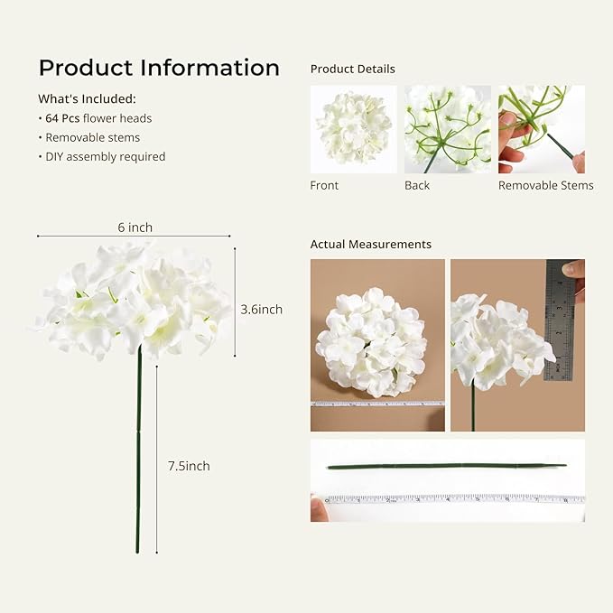 Auihiay 64 PCS Artificial Hydrangea Flowers, Silk Hydrangea Full Flowers Heads with Stems for Wedding Centerpieces, Home, Garden, Baby Shower, Party Decoration (Ivory)
