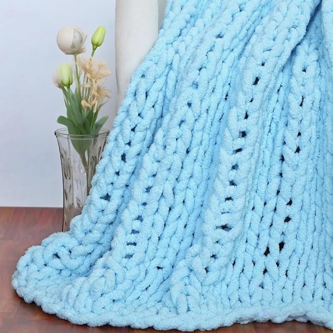 Handmade Chunky Knit Blanket, Cosy Chenille Throw (Blue, Throw (50" x 60"))