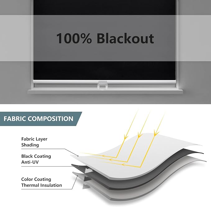 Cordless Roller Shades Blackout Blinds for Windows Room Darkening Rolled Up Shades with Spring System, UV Protection Window Shades Door Blinds for Home and Office (49" W x 72" H, Black)