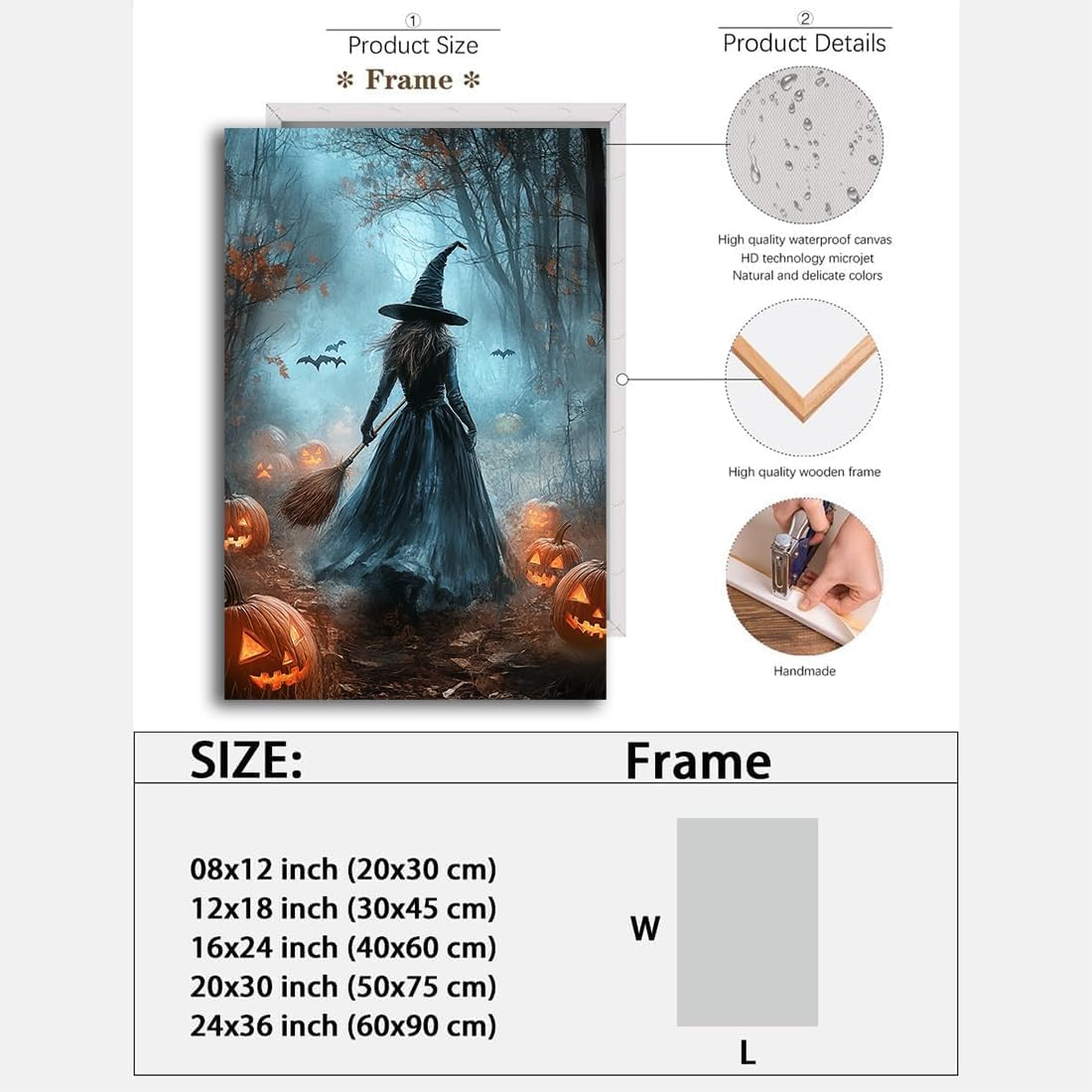 Vintage Moody Halloween Witch Artwork Wall Decor,Spooky Halloween Gothic Canvas Artwork Creepy Horror Witch with A Broom Pumpkin Bats Rustic Forest Picture,Dark Academia Poster,16"x24" Framed