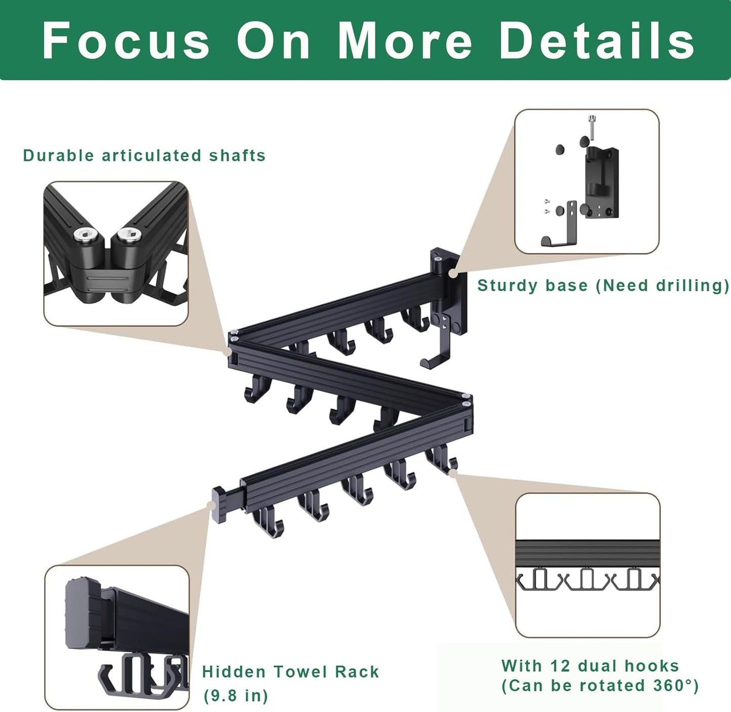 Wall Mount Clothes Drying Rack, Wall Mounted Drying Rack, Upgraded 3-Fold & Sturdy Laundry Drying Rack with 12 Dual-Side Hooks Space Saver for Laundry Room, Apartment, Dorms - Black