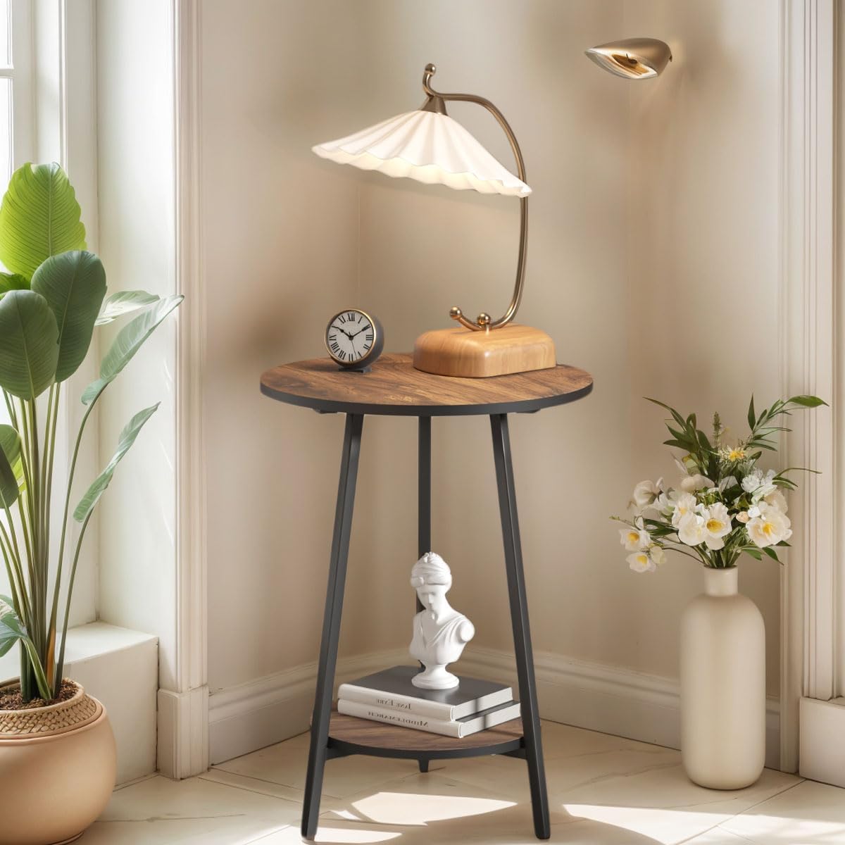 Side Table - Round Accent End Tables - Vintage Wood Color Tables for Sofa Living Room Bedroom Bedside Coffee Small Spaces - Waterproof Metal Frame, Scratch-Resistant - Easy Assembly