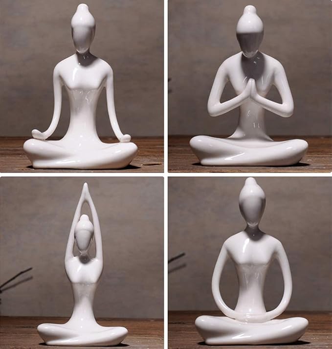 OwMell Lot of 4 Meditation Yoga Pose Statue Figurine Ceramic Yoga Figure Set Decor - White