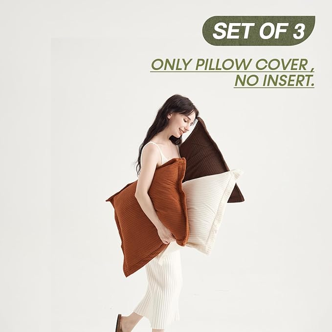 COCO TOP Set of 3 Super Soft Striped Corduroy Throw Pillow Covers 18x18inch, Decorative Boho Square Pillow Covers for Sofa Couch Aesthetic Decor Bedroom Living Room (Earthy Brown, Rust & Cream)