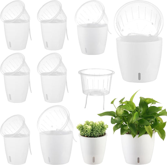 Self-Watering Pots for Indoor Plants, 8-Pack Self Watering Planter with Drainage Holes, Small African Violet Pots with Water Indicator, 5 Packs 5''/3 Pack 6.7'' Orchid Pot, White