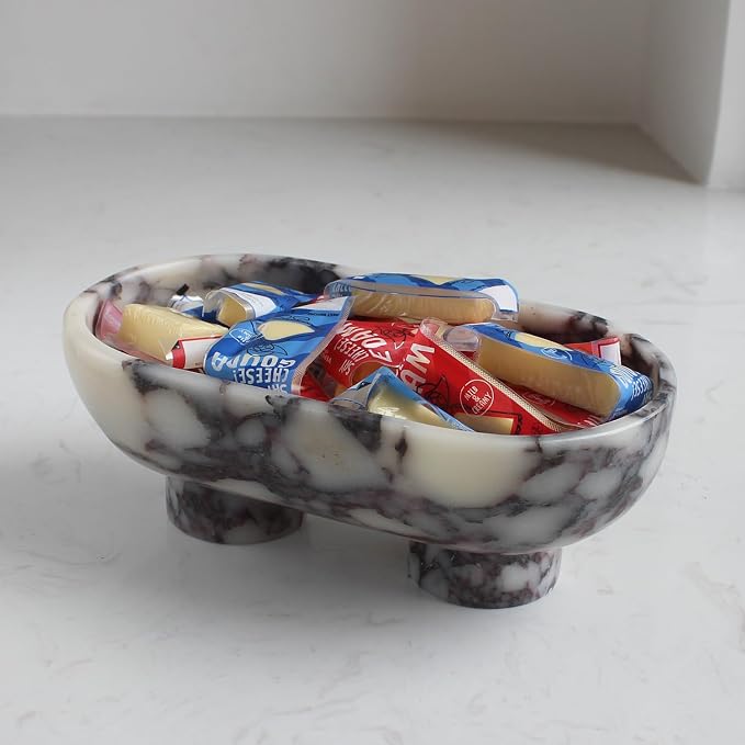 Nawgnail Natural Oval Calacatta Viola Marble Fruit Bowl for Kitchen Counter 10", Large Decorative Bowl Two-Legs for Home Decor, Fruits Holder For Dining Table - Kitchen Organization