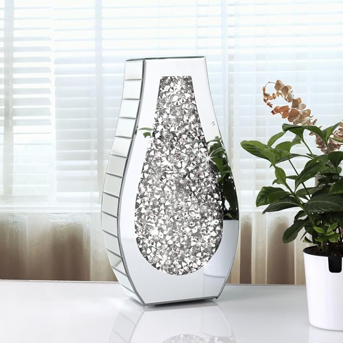 ALLARTONLY Flower Vase Crushed Diamond Mirrored Vase Crystal Silver Glass Decorative Mirror Vase Large Size Luxury for Home Decor. Arc-Shaped Thickened. Can’t Hold Water.