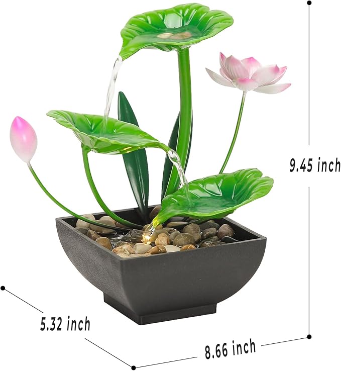 Water Fountain Indoor Waterfall Fountain 3-Tier Tabletop Fountain Lotus Desk Relaxation Home Decor Including Lots of Rocks and Soothing Sound Machine (Green 1)