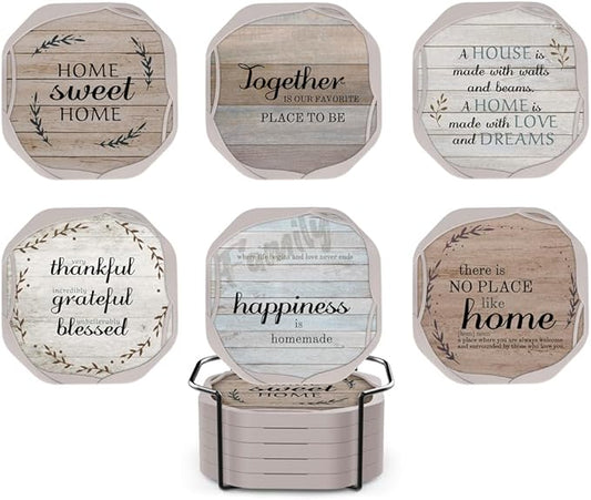 UMIRRO Absorbent Drink Coasters Set of 6 with Holder - Thoughtful House Warming Gifts for New Home or Apartment - Rustic Farmhouse Coffee Table Decor, 4” - Sweet Home