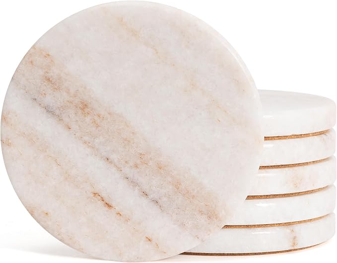 Cream White Marble Coasters Set of 6, Modern Neutral Drink Coaster for Coffee Table, 4" Round Polished Natural White Stone Coaster with Tan Veins – Heat Resistant, Non-Slip, Housewarming Gift