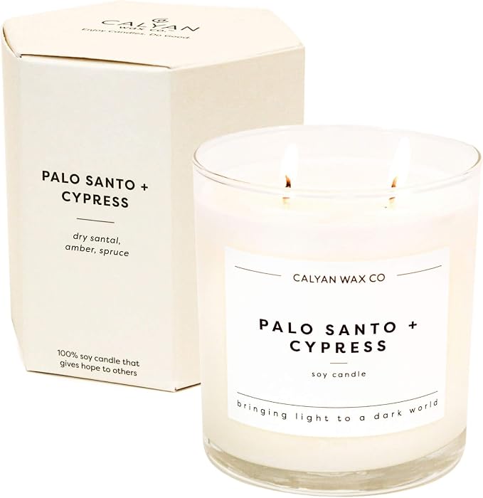 Calyan Wax Co. Palo Santo & Cypress 2 Wick Scented Candle - 37 Hour Burn - Luxury Clean Soy Wax Candles - Long Lasting Large Glass Jar Candle for Home - 8.8oz
