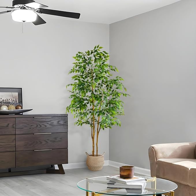Warmplants Artificial Ficus Tree, 7ft Silk Fake Ficus Leaves Plant with Basket, Indoor Outdoor Faux Green Tree for Home Garden Office House Livingroom Décor