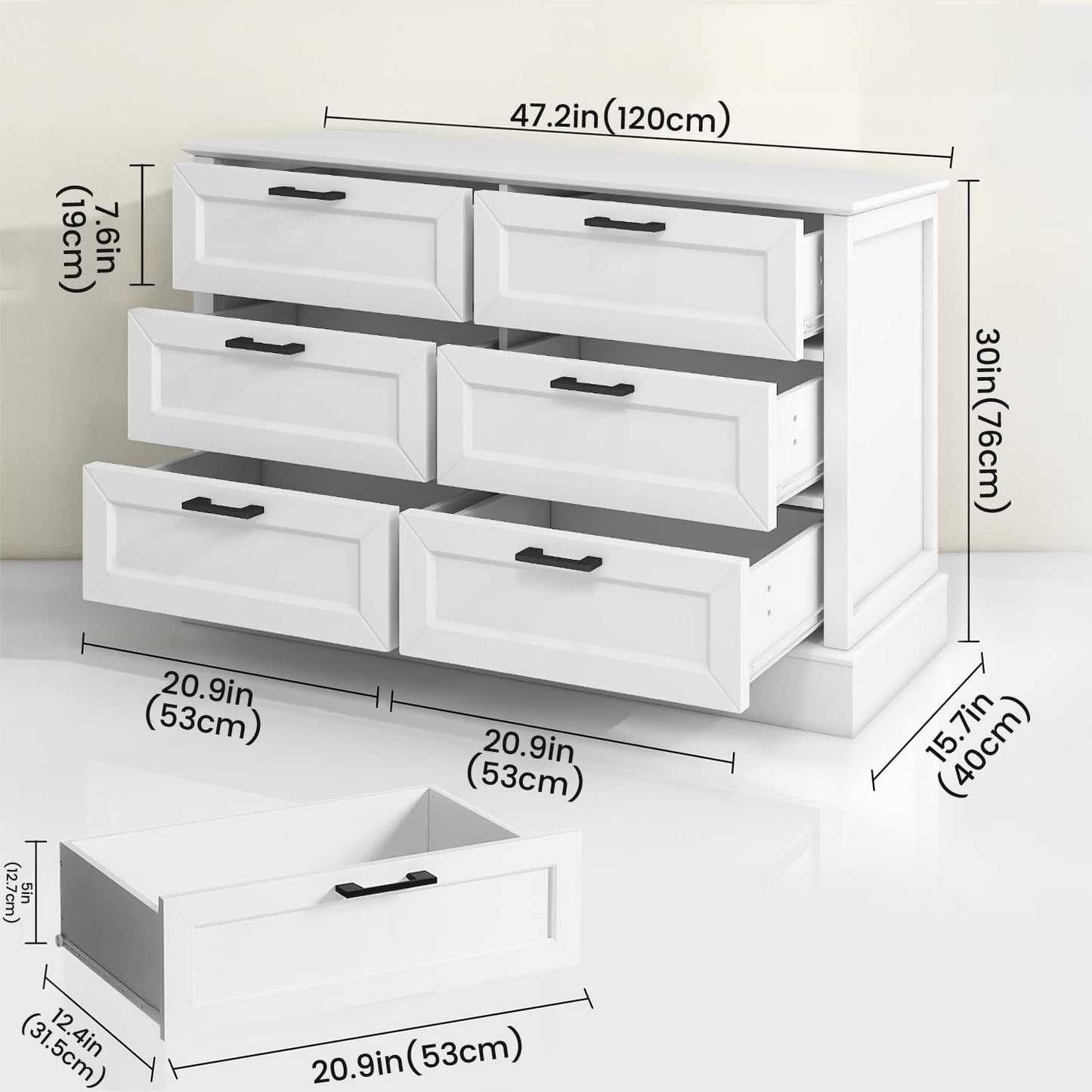 White Dresser for Bedroom with 6 Drawer, Bedroom Furniture Organizer Storage, Wood Double Dresser & Chest of Drawers, Modern Farmhouse Style, Dressers for Closet, Living Room 30” Tall