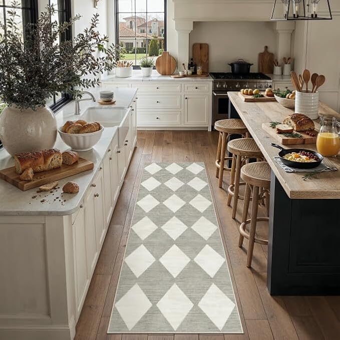 PureCozy 2x6 Runner Checkered Rug for Hallways Gray Washable Long Carpet Non-Slip Low Pile Boho Indoor Accent Throw Rug for Entrance Kitchen Bedroom Dining Laundry