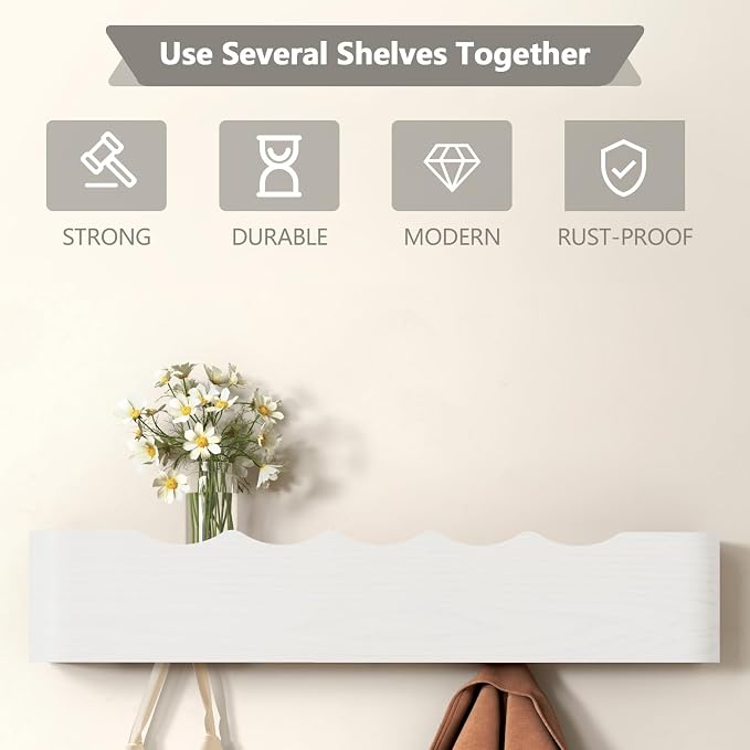 Wall Mounted Coat Rack with Shelf, Wooden Entryway Organizer with Hidden Metal Hooks for Hanging Coats Bags Keys, Modern Floating Shelf for Hallway Bathroom