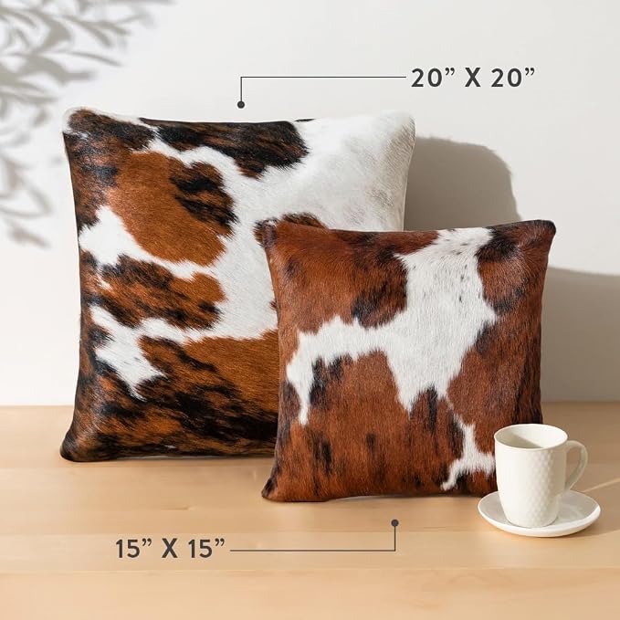 ecowhides 100% Genuine Brazilian Cowhide Pillow Cover – Tricolor, Brown, Black & White – Double-Sided – Luxury Leather Decorative Cushion for Rustic & Western Home Décor – 20” x 20”