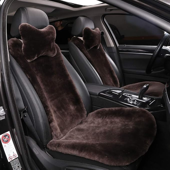 OGLAND 100% Natural Fur Sheepskin Universal car seat Covers for seat Cushion Accessories Automobiles (3 Pack Front, Teak)