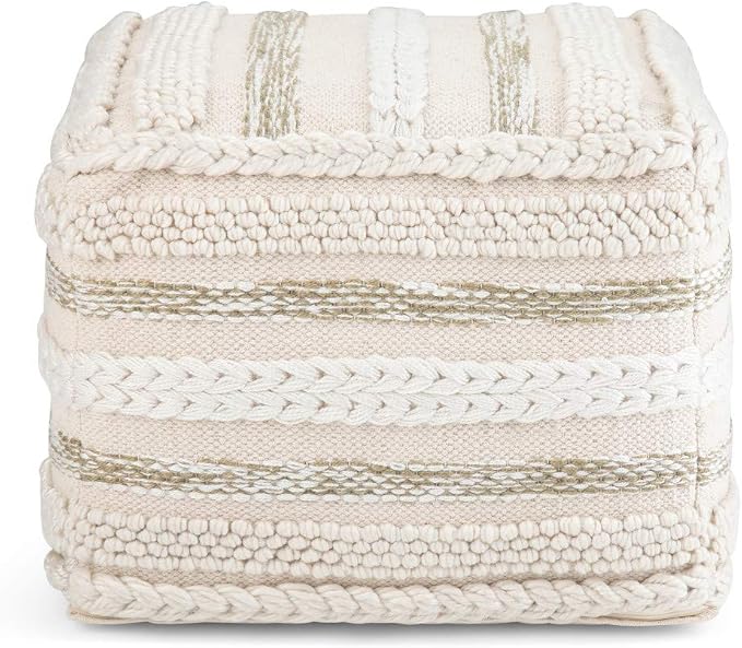 SIMPLIHOME Sommer Square Pouf - 18 inch Wide Upholstered Handloom Woven Cotton Ottoman in Natural/Cream, Boho-Style Footstool, Extra Seating or Accent Piece for Living Room or Bedroom, Assembled