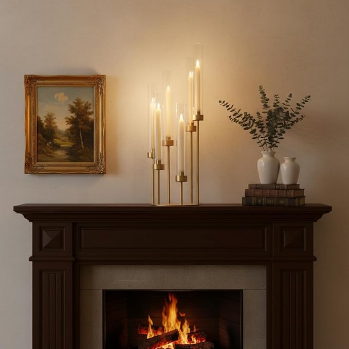 LETINE 6-Arm Gold Candelabra, 23.96" Tall Candelabra Centerpieces for Tables with Glass Lampshade & Heavy Base, Vintage Gold Taper Candle Holder for Indoor Outdoor Wedding Party Decor.