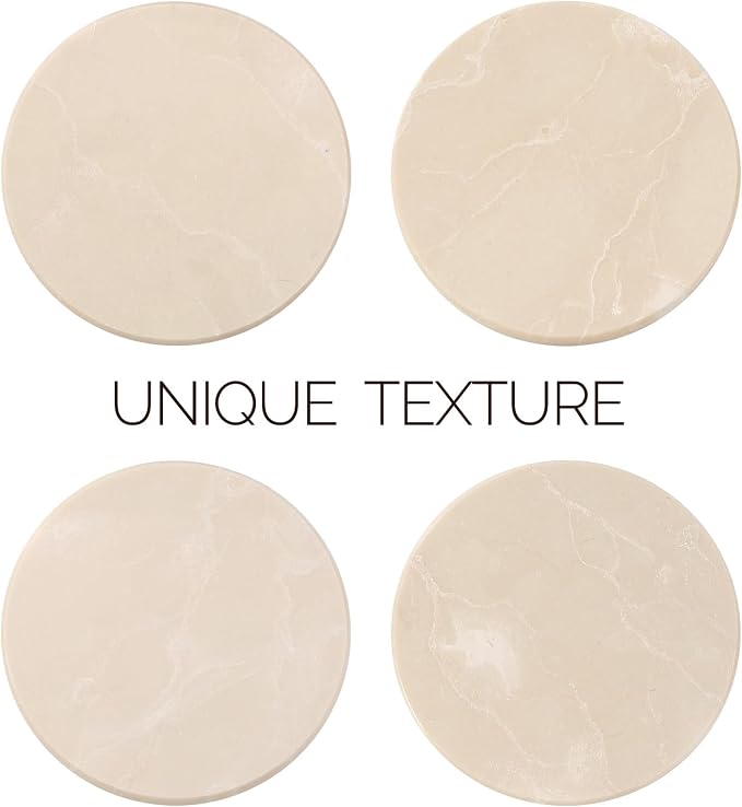 Koville Marble Coaster Set of 4, Round Coasters, 4" Stone Coaster for Drinks Coffee, Marble Coasters for Coffee Table Home Bar Decor, Heat Resistant, Gift Choice(Beige)