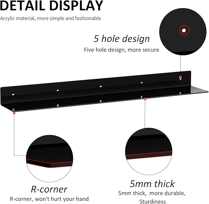 Sezanrpt 36 Inches Acrylic Long Wall Shelf Set of 2, Black Wall Mounted Acrylic Bathroom Storage Shelves Display Organizer, Floating Shelf for Bottle Oragnizer, Spice, Wine, Toys, Controller, Cup