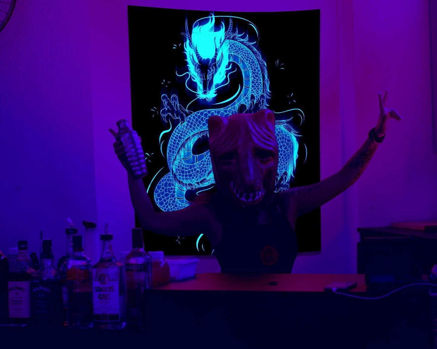 QGHOT Blacklight Dragon Tapestry Wall Hanging Cool Japanese Black Light Glow in the Dark Dragon Backdrop Uv Viking Tapestry for Boys Bedroom Mens Room Wall Deocr 37"x29"